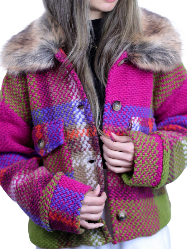 La Fiorentina La Fiorentina Short Plaid Wool Jacket W/ Faux Fur Trim- Fuchsia/Camel