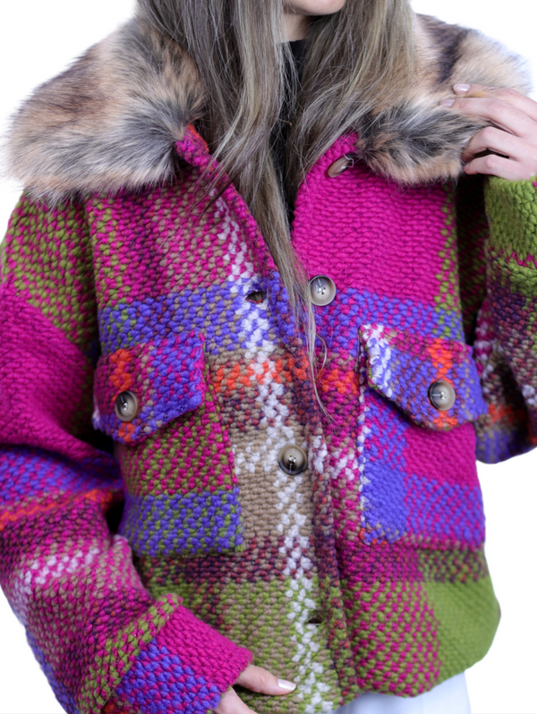 la fiorentina La Fiorentina Short Plaid Wool Jacket w/ Faux Fur Trim- Fuchsia/Camel