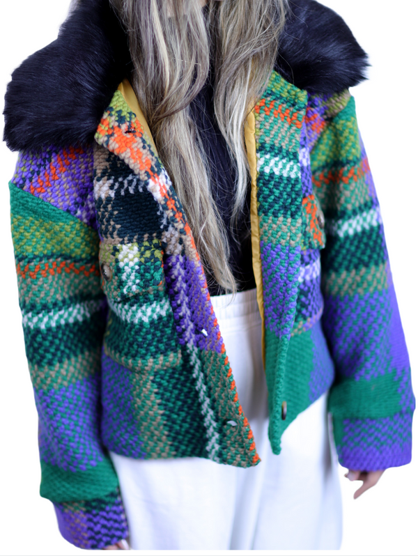 La Fiorentina La Fiorentina Short Plaid Wool Jacket W/ Faux Fur Trim- Green/Black