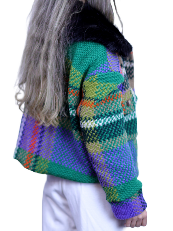 La Fiorentina La Fiorentina Short Plaid Wool Jacket W/ Faux Fur Trim- Green/Black