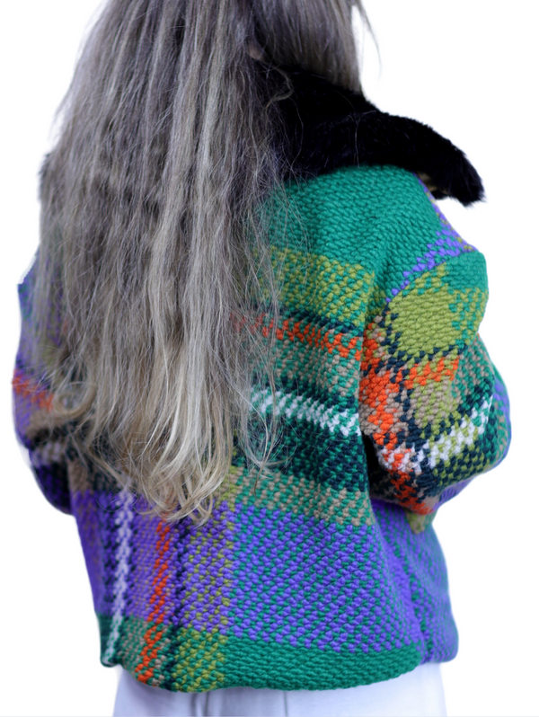 La Fiorentina La Fiorentina Short Plaid Wool Jacket W/ Faux Fur Trim- Green/Black