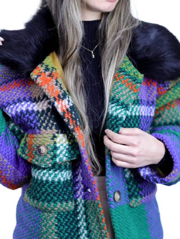 la fiorentina La Fiorentina Short Plaid Wool Jacket w/ Faux Fur Trim- Green/Black