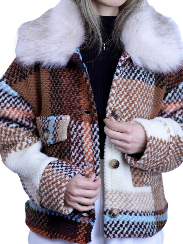 la fiorentina La Fiorentina Short Plaid Wool Jacket w/ Faux Fur Trim- Brown/Ivory