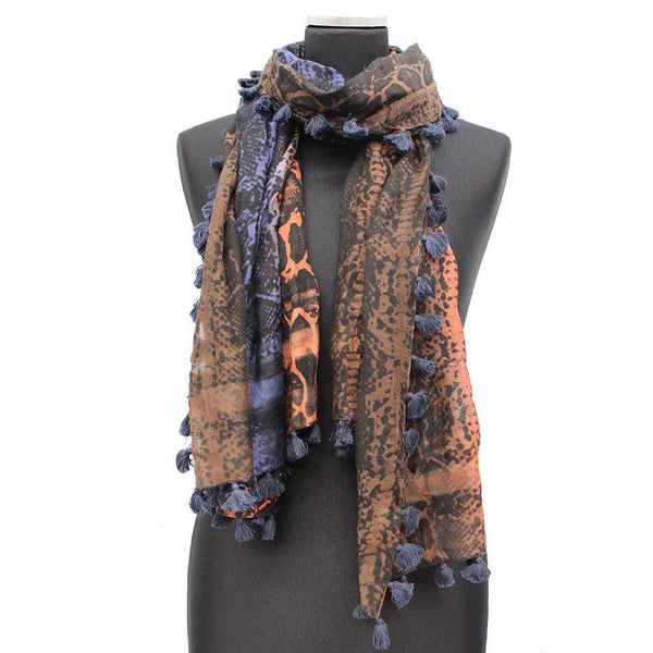 La Fiorentina Snake Print Pom Pom Fringe Scarf