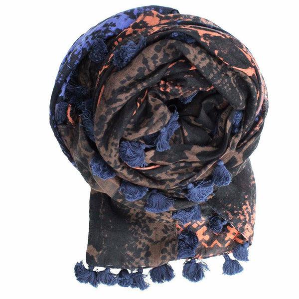 La Fiorentina Snake Print Pom Pom Fringe Scarf