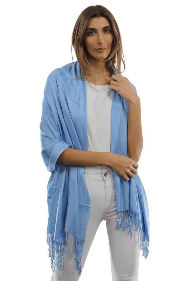 La Fiorentina Solid Fringe Pashmina-Light Blue