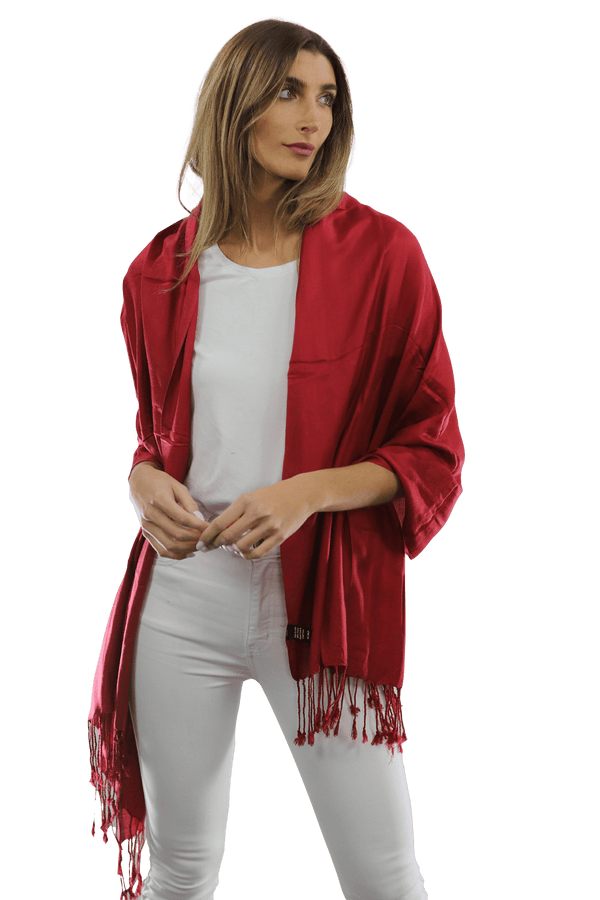 La Fiorentina Solid Fringe Pashmina-Red