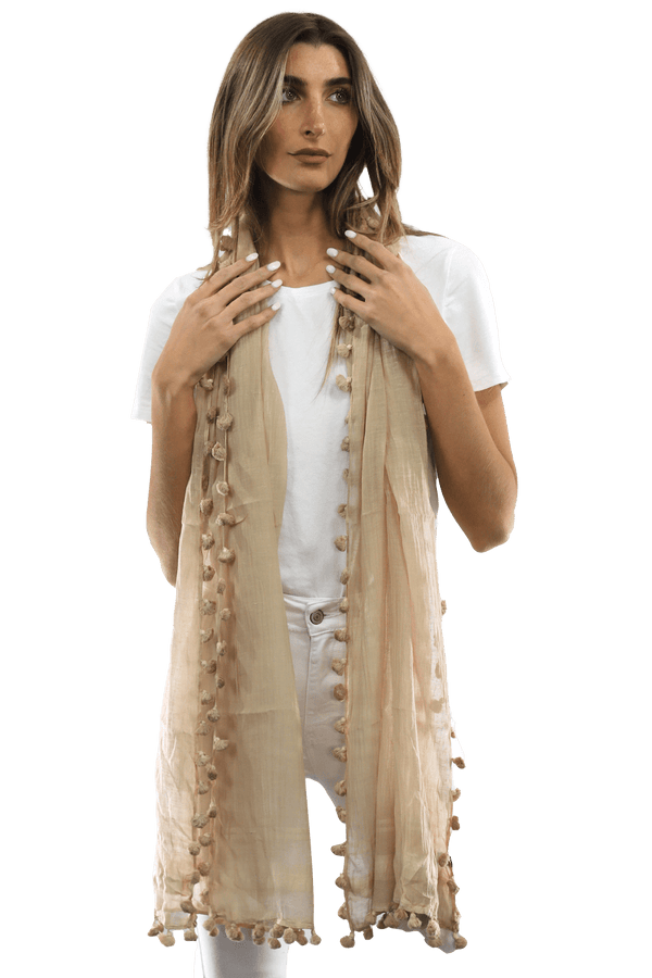 La Fiorentina Solid Scarf W/ Pom Poms - Beige