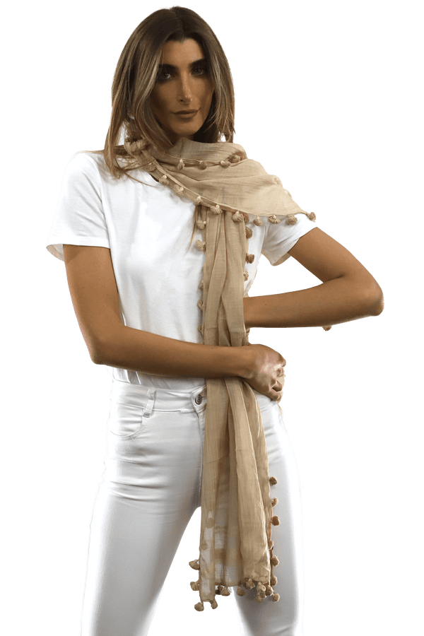 La Fiorentina Solid Scarf W/ Pom Poms - Beige