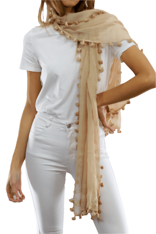 La Fiorentina Solid Scarf W/ Pom Poms - Beige