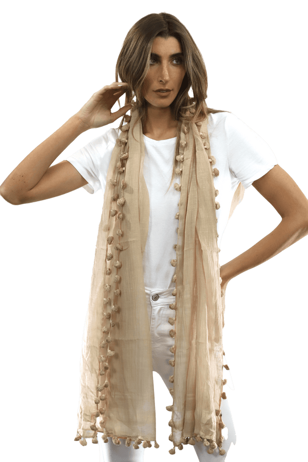 la fiorentina Solid Scarf w/ Pom Poms - Beige
