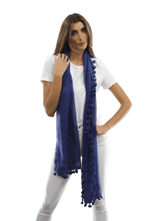 La Fiorentina Solid Scarf W/ Pom Poms - Ocean Blue