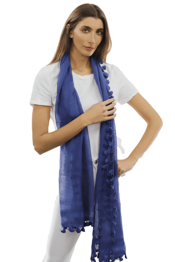 La Fiorentina Solid Scarf W/ Pom Poms - Ocean Blue
