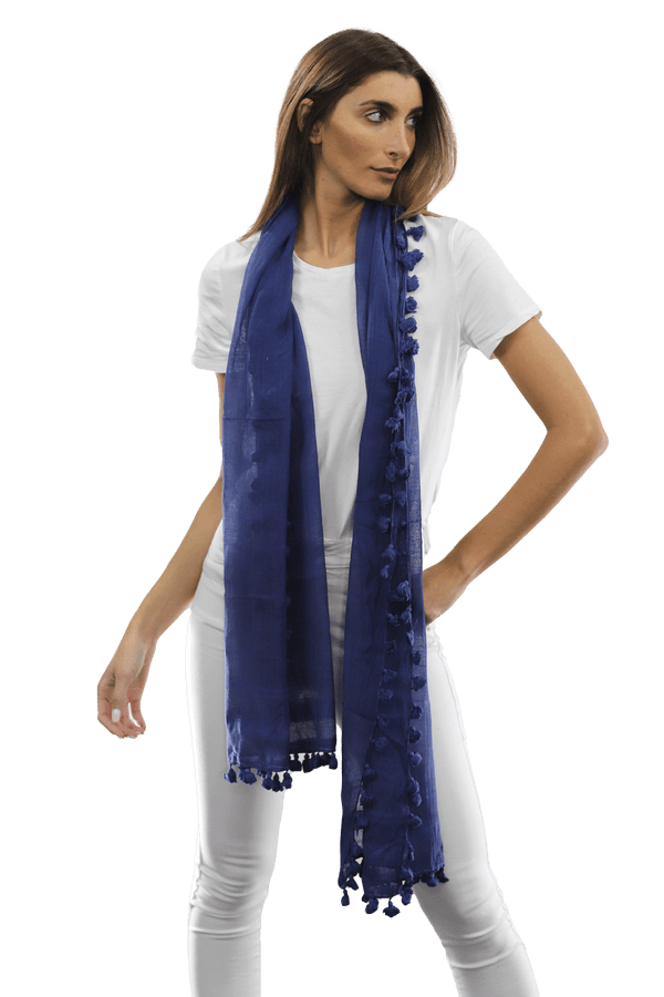 La Fiorentina Solid Scarf W/ Pom Poms - Ocean Blue