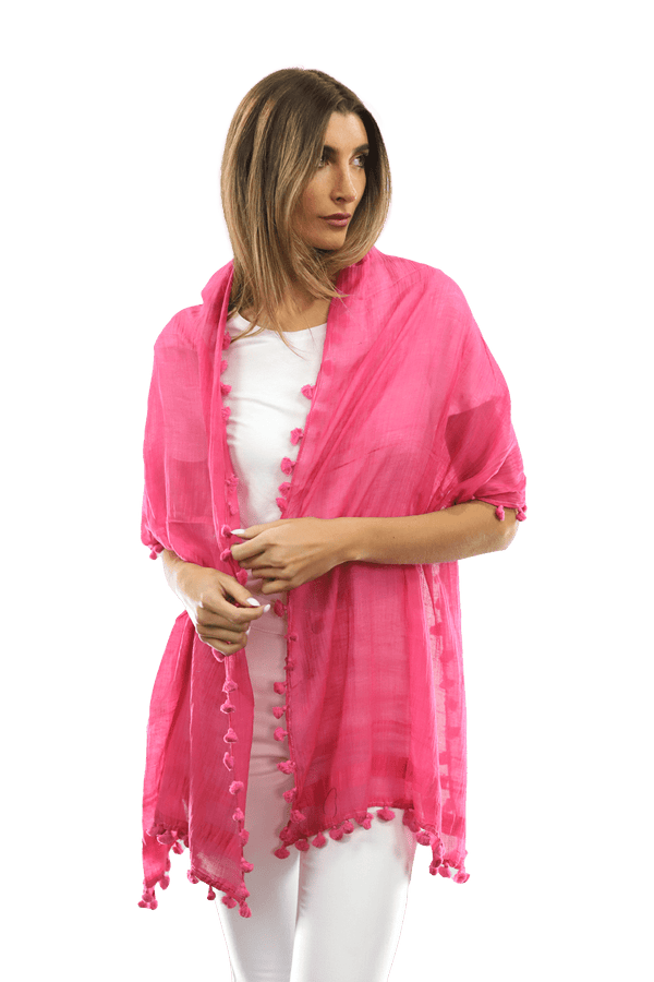 La Fiorentina Solid Scarf W/ Pom Poms - Peony