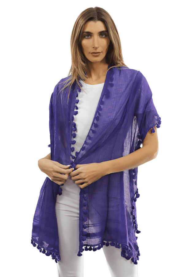 La Fiorentina Solid Scarf W/ Pom Poms- Purple