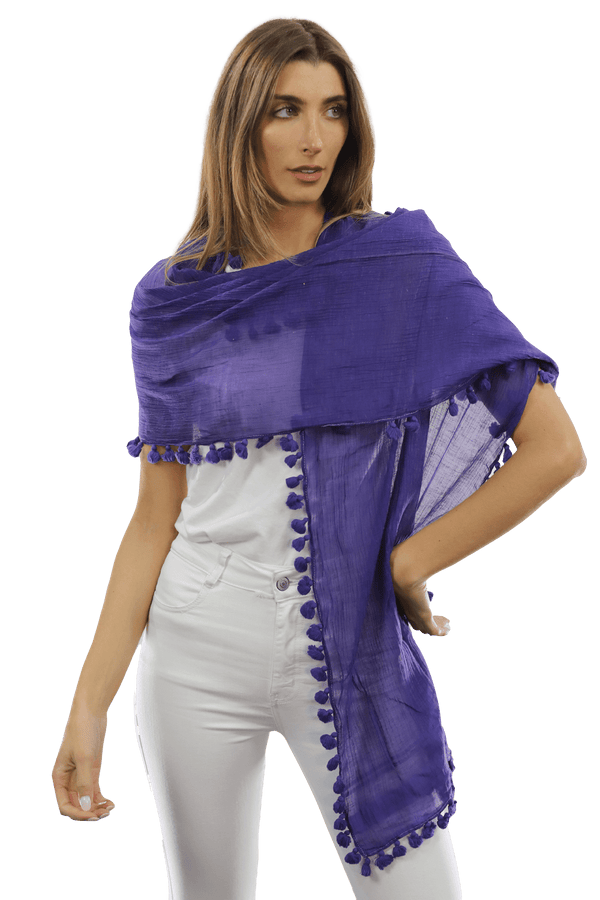 La Fiorentina Solid Scarf W/ Pom Poms- Purple