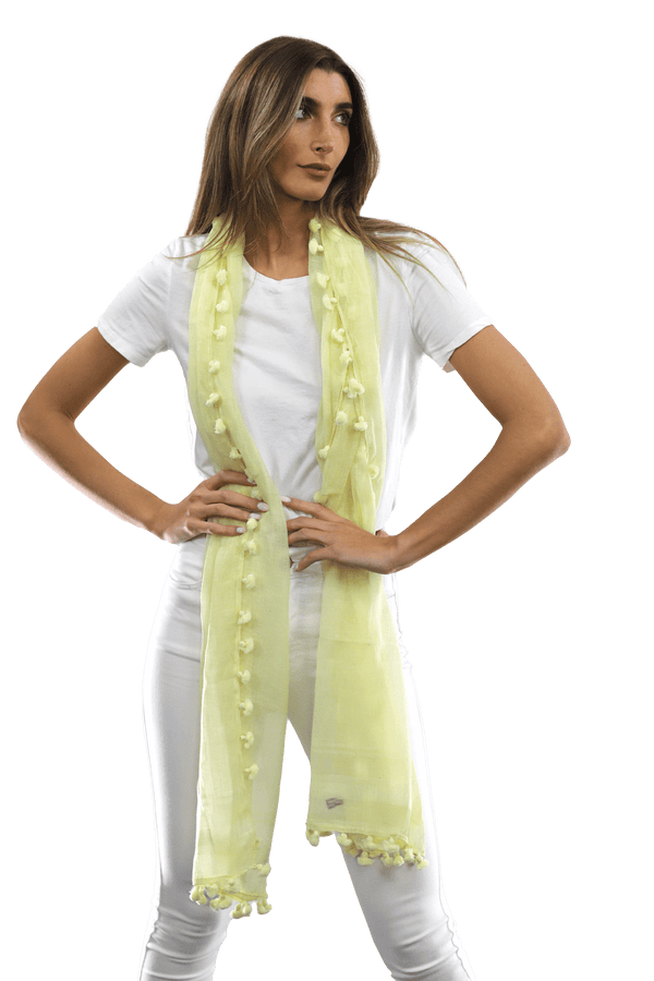 La Fiorentina Solid Scarf W/ Pom Poms- Yellow