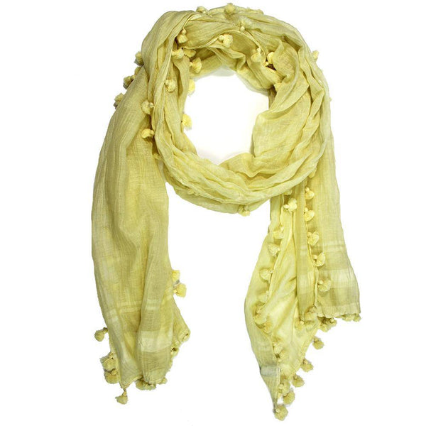 La Fiorentina Solid Scarf W/ Pom Poms- Yellow