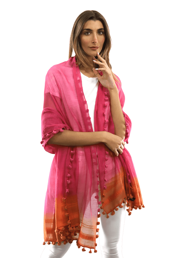 la fiorentina La Fiorentina Solid Silk/Cotton Blend Scarf with Fringes - Fuchsia/Peach