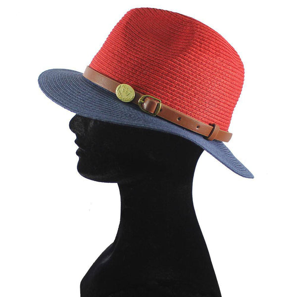 La Fiorentina Straw Hat W/ Leather Strap - Red/Blue