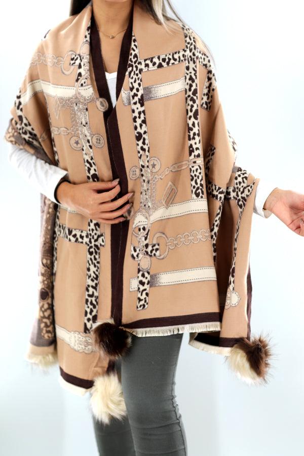 La Fiorentina La Fiorentina | Stylized Wrap With Fox Poms - Brown/Camel