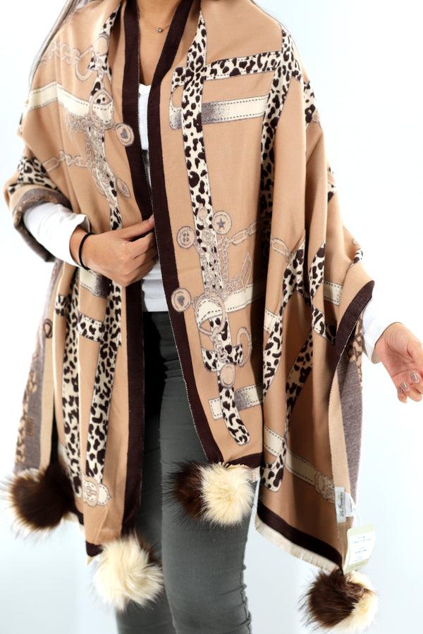 la fiorentina La Fiorentina | Stylized Wrap with Fox Poms - Brown/Camel