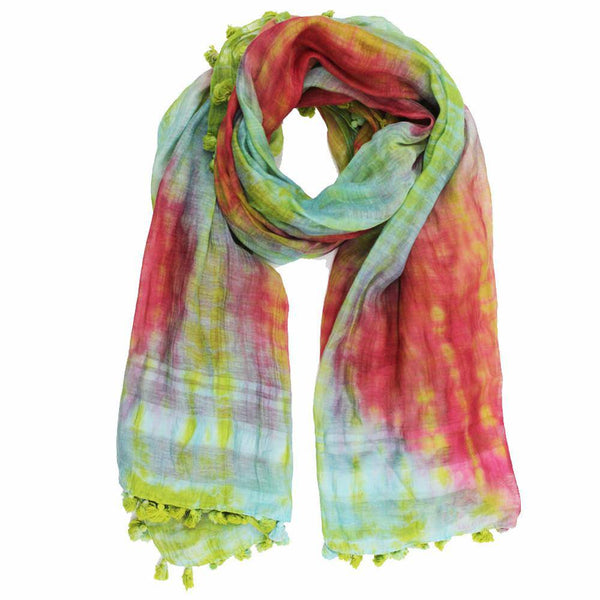 La Fiorentina Tie Dye Pom Pom Scarf - Green/Pink