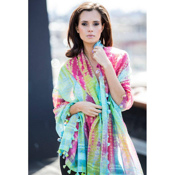 la fiorentina Tie Dye Pom Pom Scarf - Green/Pink