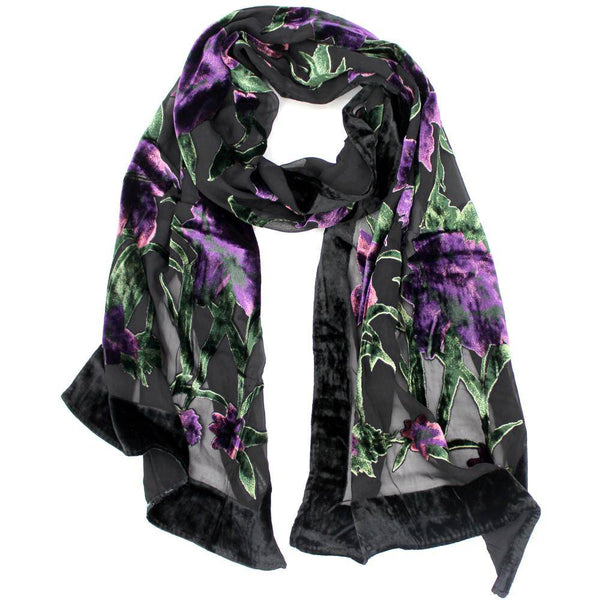 la fiorentina Velvet Floral Scarf-Purple/Black