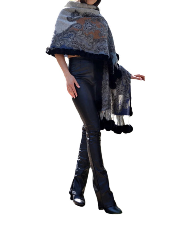 la fiorentina La Fiorentina | Wool Wrap with Fur Pom - Grey/Blue