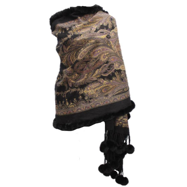 la fiorentina Wool Wrap with Poms -Black