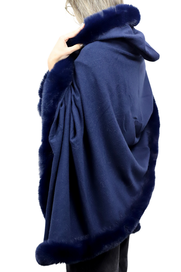 La Fiorentina Wrap With Hood & Faux Fur Trim - Navy