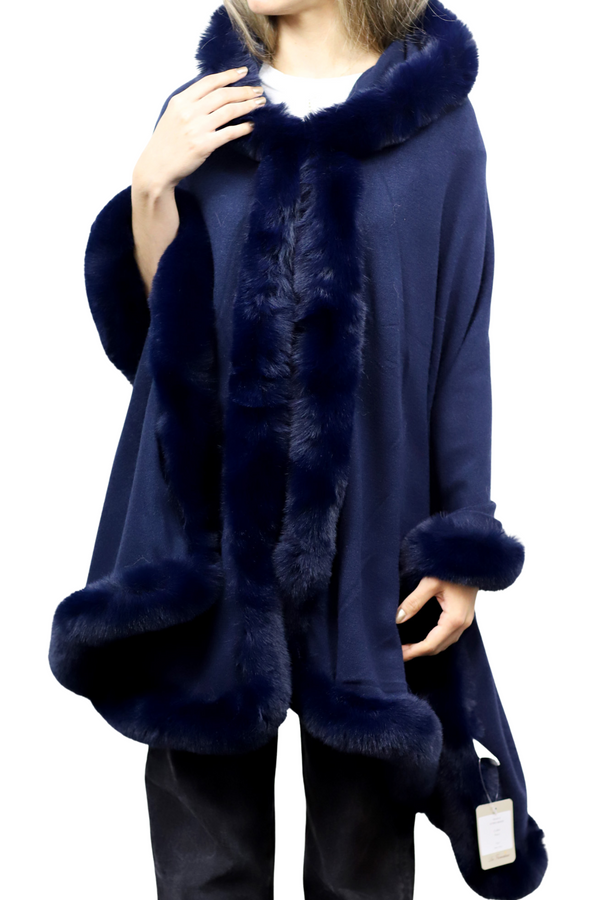 La Fiorentina Wrap With Hood & Faux Fur Trim - Navy