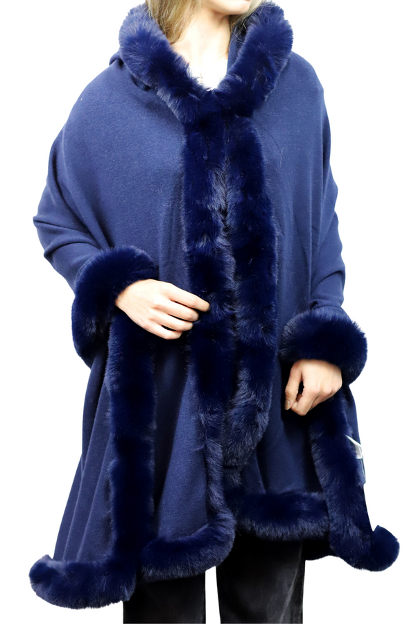 La Fiorentina Wrap With Hood & Faux Fur Trim - Navy