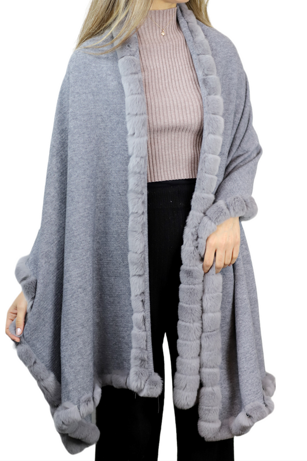 la fiorentina La Fiorentina Wrap with Rex Fur Trim - Grey