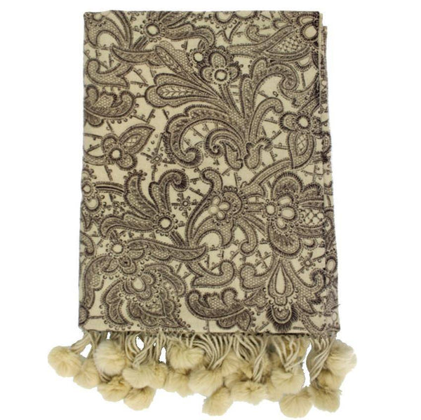 la fiorentina Lace Print Wrap with Rex Fur Rabbit Poms - Cream