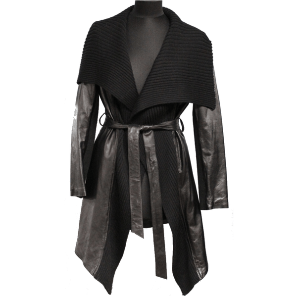 la fiorentina Leather Coat with Knit Envelope Collar-Black
