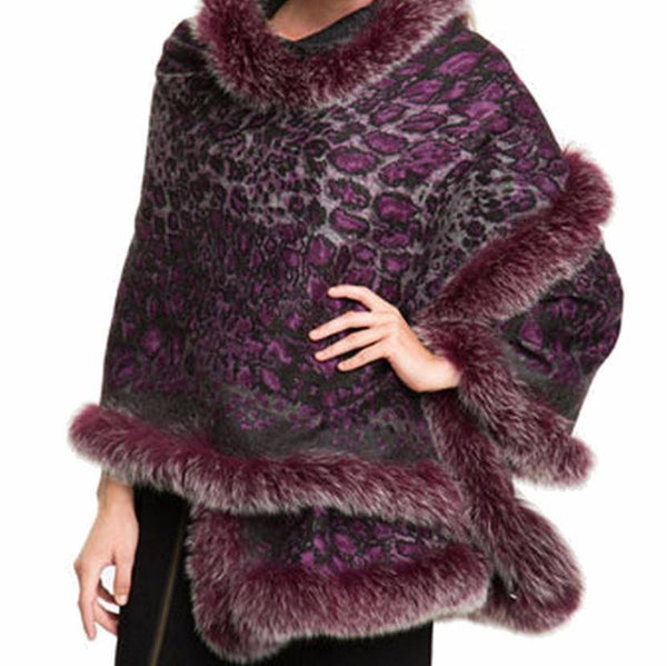 La Fiorentina Leopard Print Wrap With Fox Trim - Purple / Charcoal