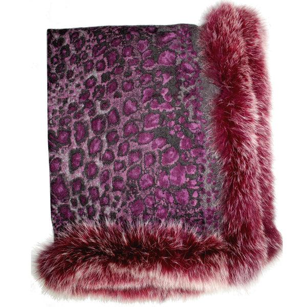 la fiorentina Leopard Print Wrap with Fox Trim - Purple / Charcoal