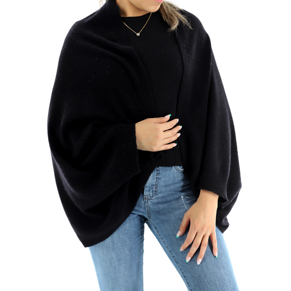 La Fiorentina Luxe Soft Cashmere/Wool Blend Cocoon Shawl - Black - One Size