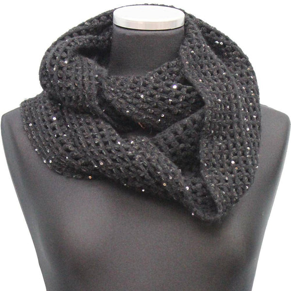 La Fiorentina Open Crochet Infinity Muffler W/ Sequins-Black