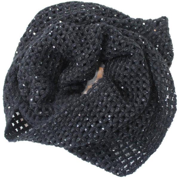 La Fiorentina Open Crochet Infinity Muffler W/ Sequins-Black