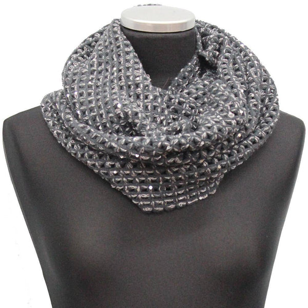La Fiorentina Open Crochet Infinity Muffler W/ Sequins-Charcoal