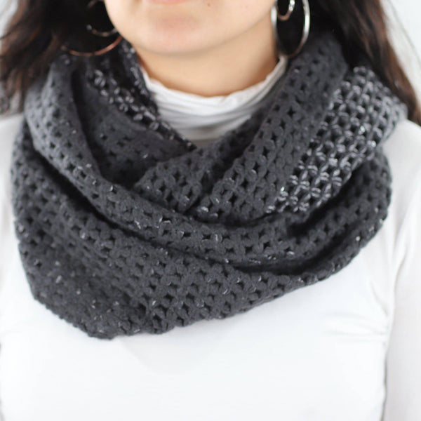 la fiorentina Open Crochet Infinity Muffler w/ Sequins-Charcoal
