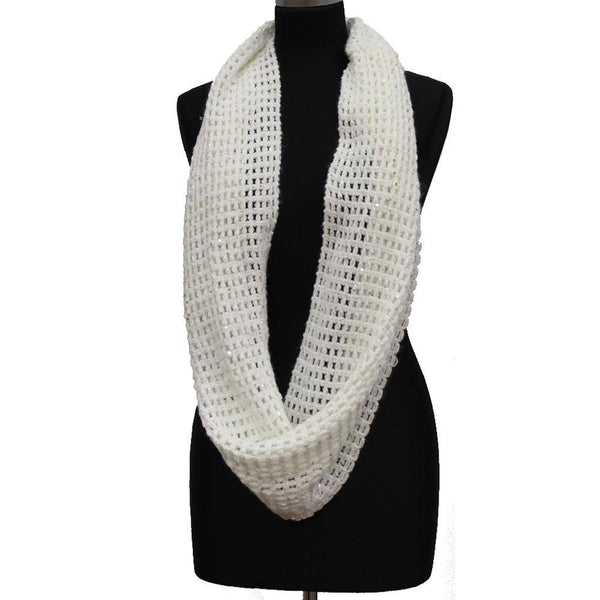 La Fiorentina Open Crochet Infinity Muffler W/ Sequins-Ivory