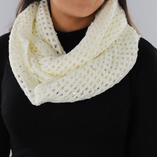 la fiorentina Open Crochet Infinity Muffler w/ Sequins-Ivory