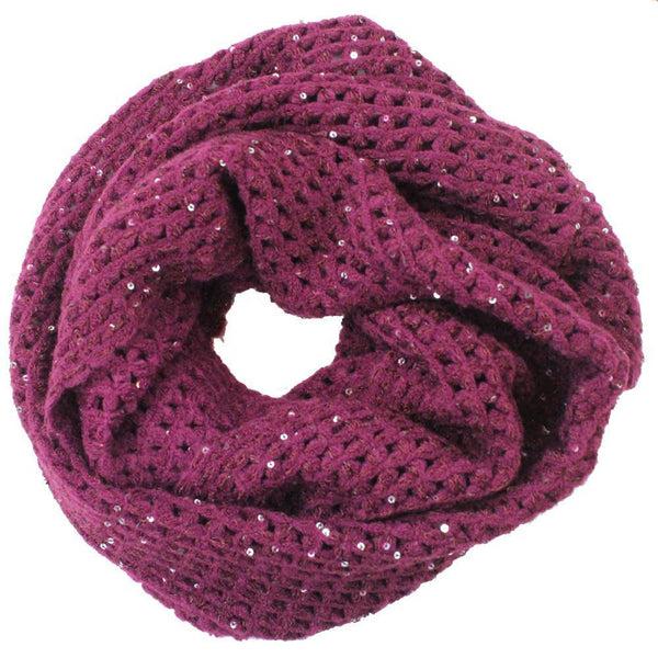 La Fiorentina Open Crochet Infinity Muffler W/ Sequins-Ruby