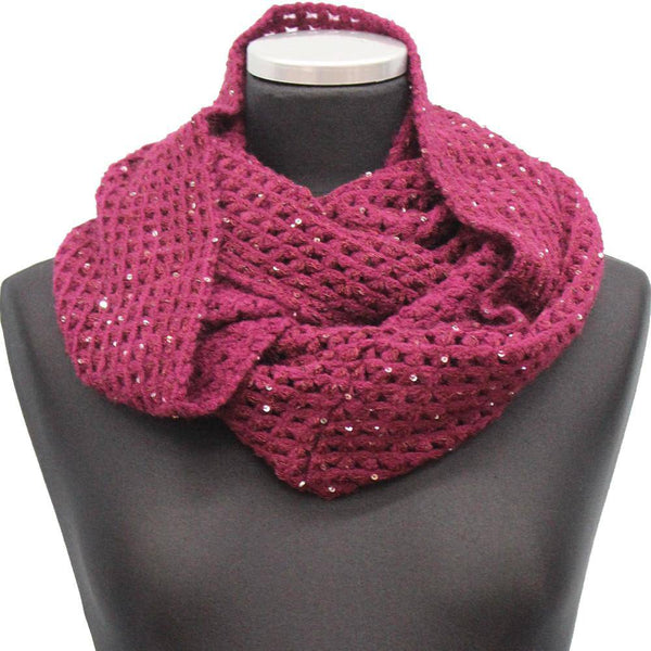 La Fiorentina Open Crochet Infinity Muffler W/ Sequins-Ruby