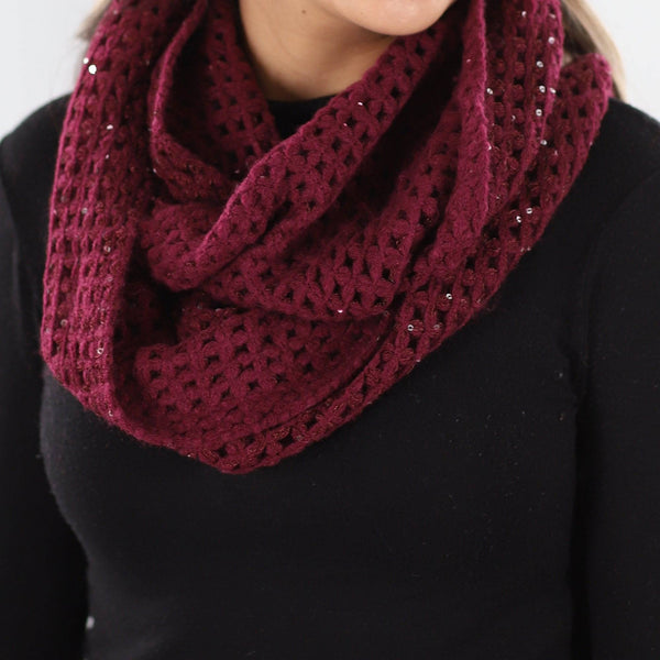la fiorentina Open Crochet Infinity Muffler w/ Sequins-Ruby